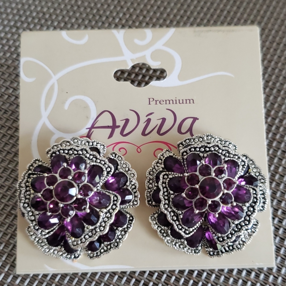 Purple Flower Filigree Statement Earrings NWT